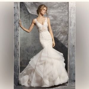 Mori Lee Ivory and Rosé Lace Trumpet Gown